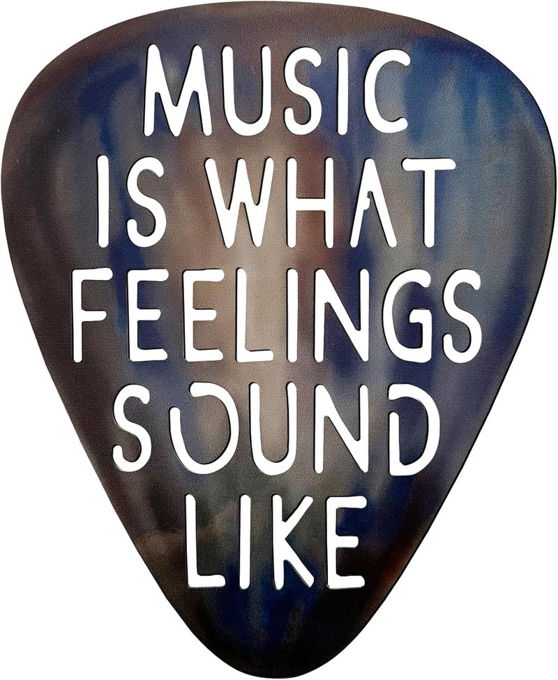 AZEZO Metal Guitar Pick Décor, 12’’x10’’ Music Wall Art, Stainless Guitar Wall Art, Featuring ‘Music Is What Feelings Sound Like’ - Image 1